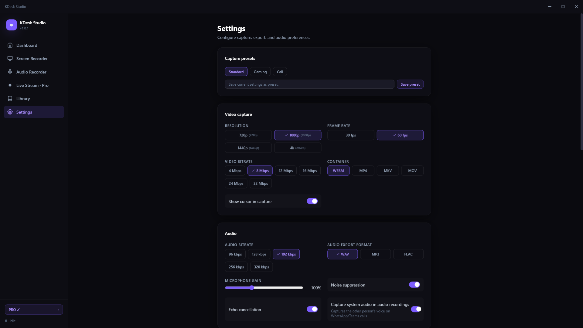 Pro settings with resolution, frame rate, formats, and audio controls