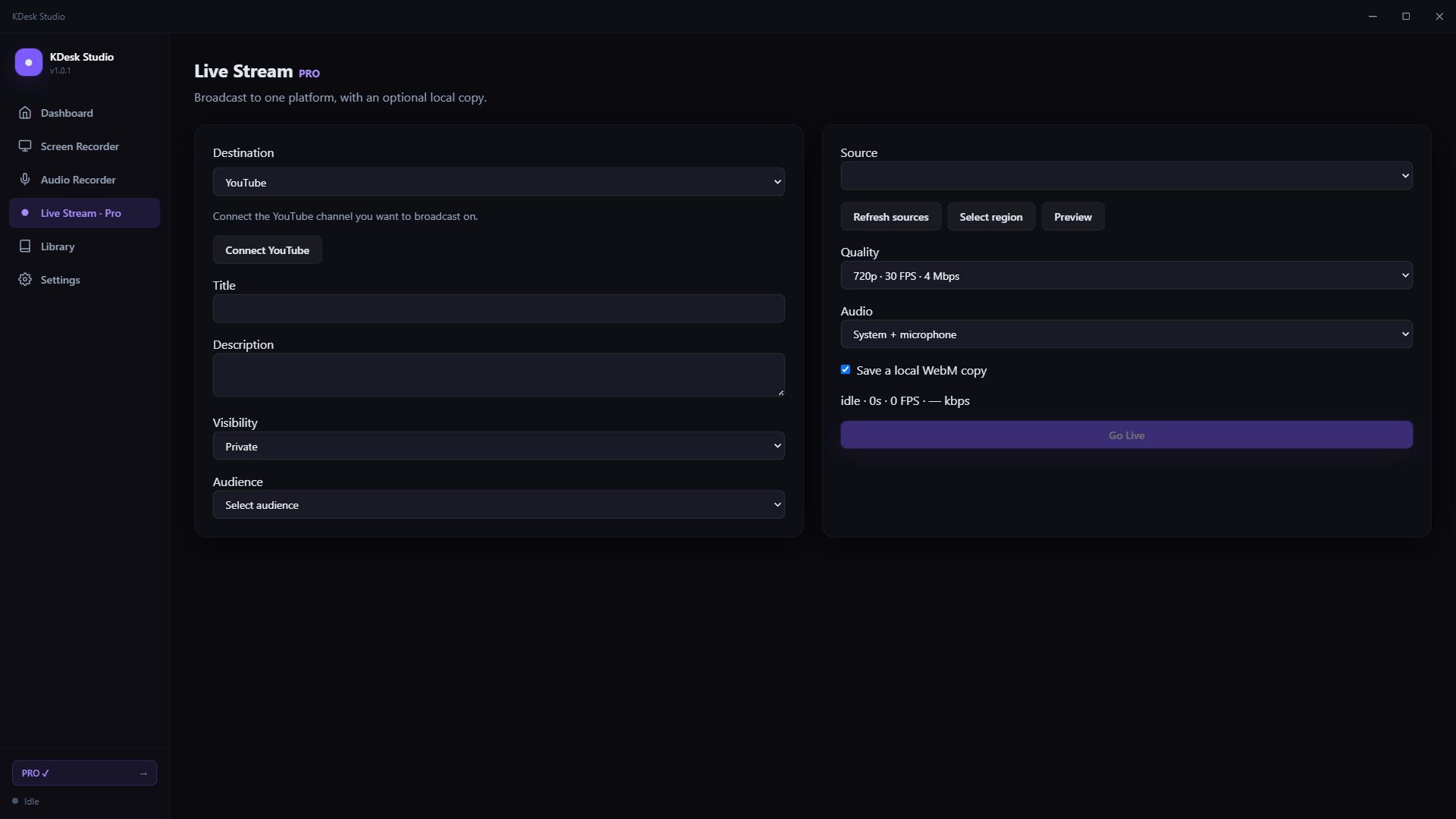 Pro live stream setup with platform, video quality, and audio controls